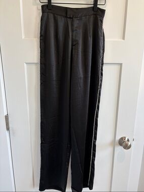 Kittenish Black Satin Wide-Leg Pants with Side Crystal Trim